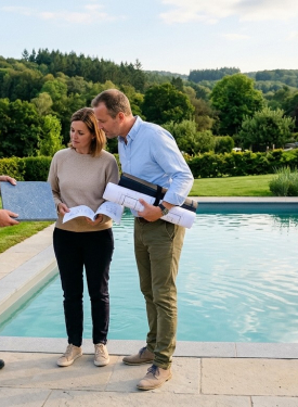 Conseiller pisciniste présentant un échantillon de margelle en pierre à un couple au bord d'une piscine rectangulaire, dans un jardin ardennais